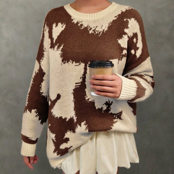 Multicolor Casual Women's Cow Print Western Cowboy Round Neck sweater top - Picture 6 of 9